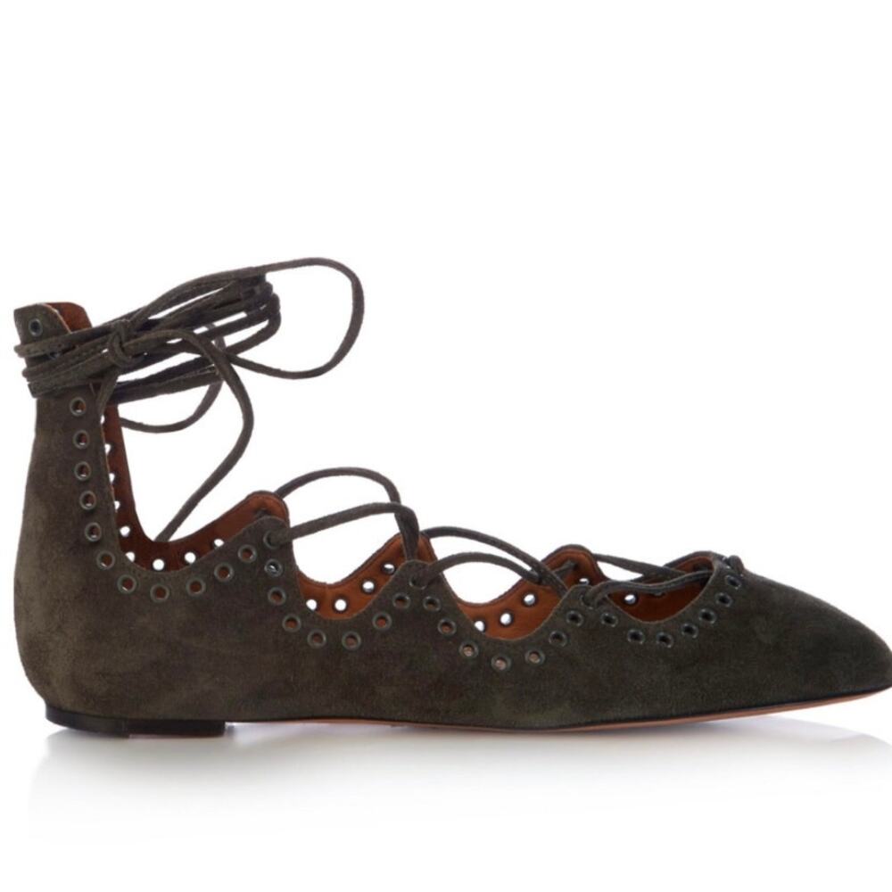 Isabel Marant Leoni Shearling Lined Tie Up Ballet Flats in Gray Green Size EU 40
